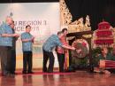 Indonesia  Minister for Information and Communication Technology H.E. Rudiantara (right) and IARU President Tim Ellam, VE6SH/G4HUA, join in sounding the gong to open the recent IARU Region 3 Conference in Bali, Indonesia. IARU Region 3 Chairman Gopal Madhaven, VU2GMN, is at the left.